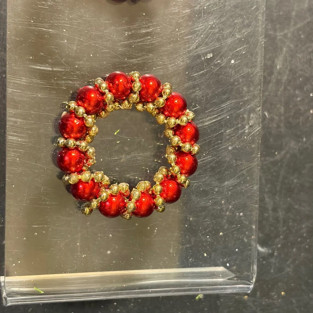 Set of 3 Beaded Christmas Wreath Ornaments Red Gold Metallic Miniature 1.5 Inch